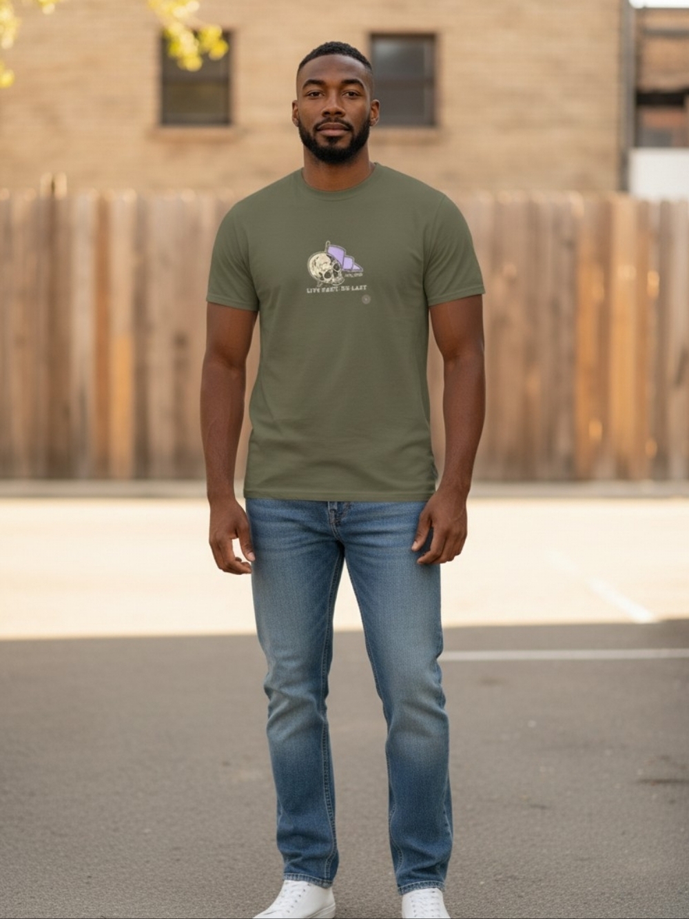 Live Fast Die Last Olive Green Skull Graphic Tee, NWT